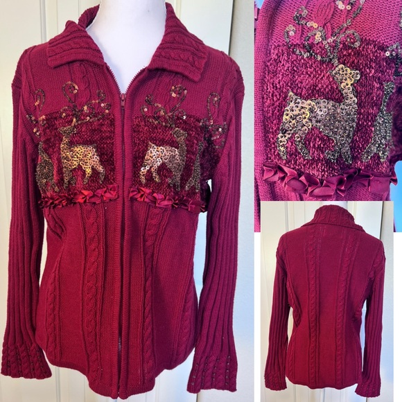 Storybook Knits Sweaters - Vintage Storybook Knits Burgundy Sweater Sequin Deer Ribbon Zip up Sz Small